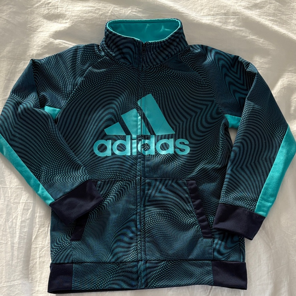 Adidas Turquoise and Navy Tricot Optical Illusion Pattern Jacket Size 7